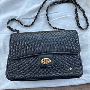 Bally Quilted Black Leather Purse Bag Woven Leather & Gold Chain Strap